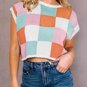 Vibrant Checkered Crop Top in Pink, Orange, and Mint
